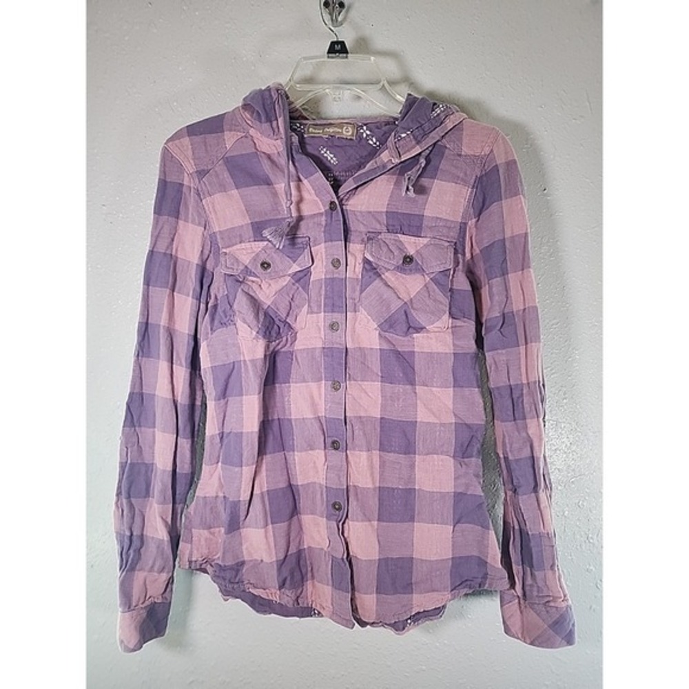 Victory Outfitters Ladies' Checkered Plaid Hoodie Button Up Shirt Purple Small